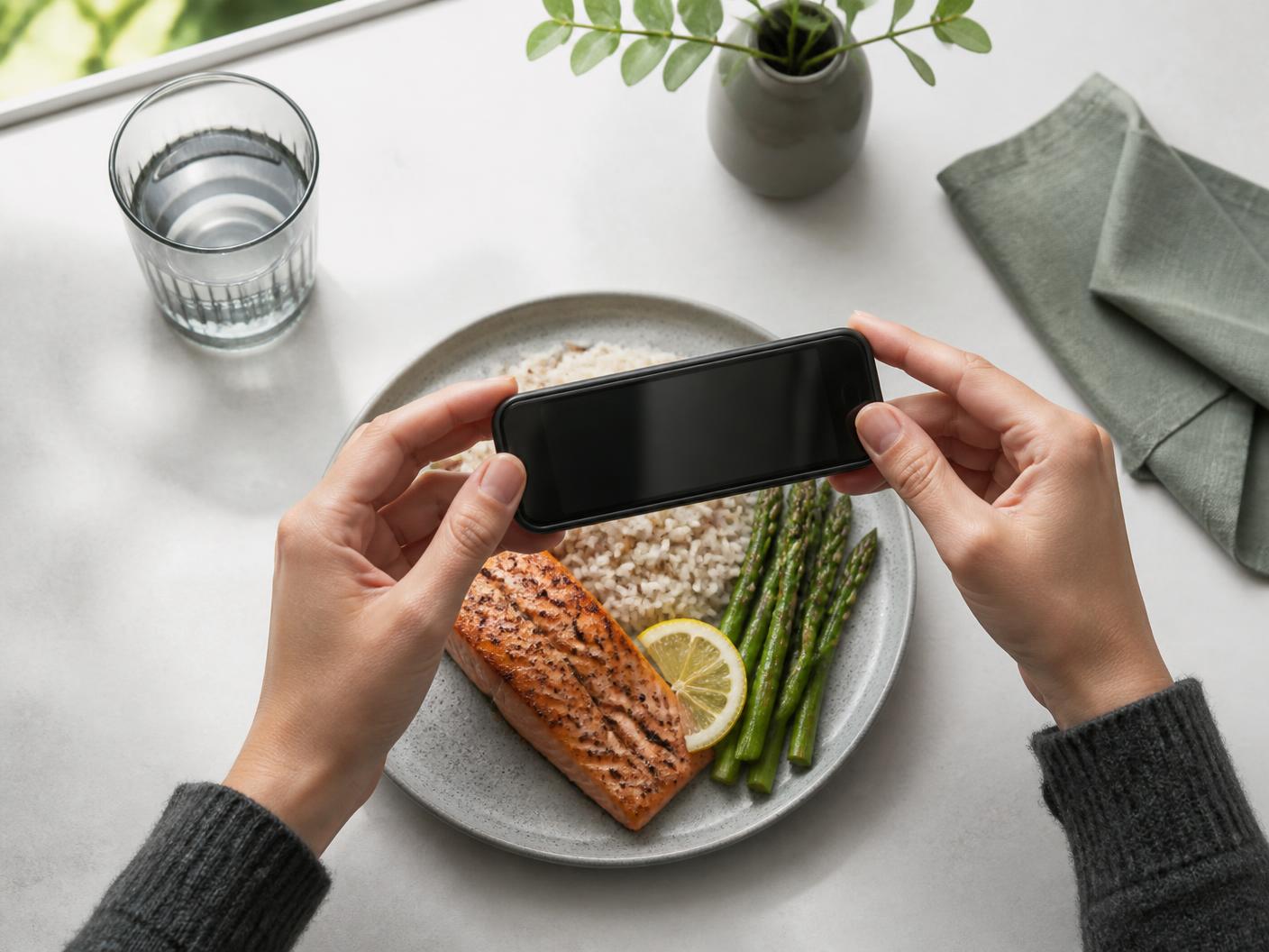 Hands holding a phone above a plate of salmon, asparagus and rice to log the meal
